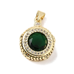 Dark Green Brass Pave Cubic Zirconia Pendants, Flat Round Charms, Rack Plating, Long-Lasting Plated, Lead Free & Cadmium Free, Real 18K Gold Plated, Dark Green, 22x16x6.5mm, Hole: 5x3.5mm