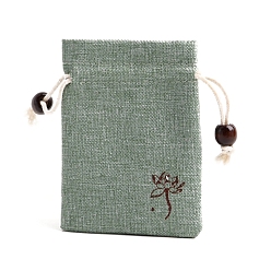 Dark Sea Green Flower Print Linen Drawstring Gift Bags for Packaging Sachets, Rings, Earrings, Rectangle, Dark Sea Green, 10x8cm