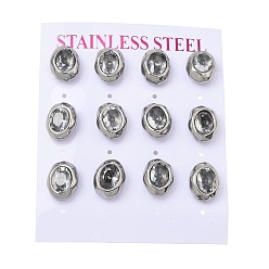 Clear 6 Pairs 304 Stainless Steel Pave Cubic Zirconia Stud Earrings, Oval, Stainless Steel Color, Clear, 12.5x10mm