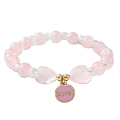 Pearl Pink Jewelry Gift for Mother's Day, Alloy Enamel Charm Bracelets, Round & Heart Twon Tone Glass Beaded Bracelet for Women, Pearl Pink, Inner Diameter: 2 inch(5cm)