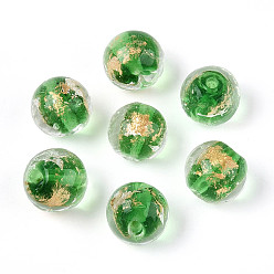 Зеленый лайм Бусины ручной работы золотой фольги стекла, круглые, зеленый лайм, 10x9~10 мм, отверстие : 1.6~2 мм