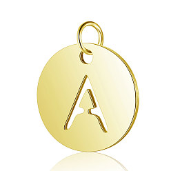 Letter A 304 Stainless Steel Charms, Flat Round with Letter, Golden, Letter.A, 12x1mm, Hole: 2.5mm