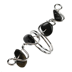 Obsidian Natural Obsidian Chips Finger Ring, Rack Plating Platinum Brass Wire Wrap Wide Ring, Inner Diameter: 17~19mm