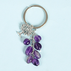 Amethyst Natural Amethyst Keychains, with Alloy Tree of Life Charms and Keychain Ring Clasps, 83mm