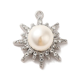 Platinum Alloy with Rhinestone Pendants, with ABS Imitation Pearl, Sun Charms, Platinum, 28x25x13mm, Hole: 1.6mm