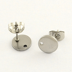 Stainless Steel Color 304 Stainless Steel Stud Earring Findings, with Flat Plate and Ear Nuts, Flat Round, Stainless Steel Color, 10mm, Hole: 1.4mm, Pin: 0.8mm