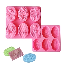 Hot Pink 6 Cavities Silicone Molds, for Handmade Soap Making, Oval with Bees & Honeycomb, Hot Pink, 196x214x28mm, Inner Diameter: 86x60mm