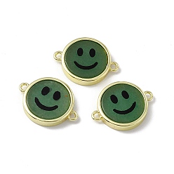 Green Aventurine Natural Green Aventurine Connector Charms, Flat Round with Smiling Face Links, with Rack Plating Golden Tone Brass Findings, Cadmium Free & Lead Free, 15.5x20x3mm, Hole: 1.6mm