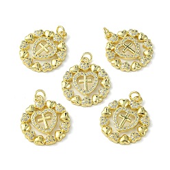 Real 18K Gold Plated Rack Plating Brass Micro Pave Cubic Zirconia Pendants, Long-Lasting Plated, Lead Free & Cadmium Free, Flat Round Charm, Heart with Cross, Real 18K Gold Plated, 23x20x2.5mm