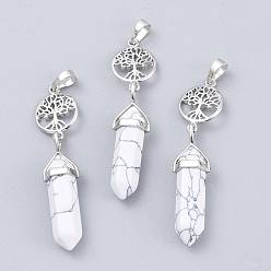 Howlite Synthetic Howlite Pointed Big Pendants, with Platinum Plated Brass Findings, Faceted, Bullet & Tree of Life, 59~67x14~15mm, Hole: 7x5mm