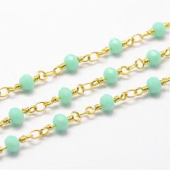 Turquoise Handmade Glass Beaded Chains, with Spool, Unwelded, Faceted Rondelle, Imitation Jade, with Brass Findings, Golden, Turquoise, 4mm, about 32.8 Feet(10m)/roll