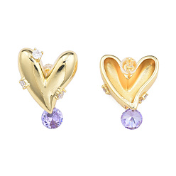 Lilas Boucles d'oreilles clous coeur zircone cubique, bijoux en laiton doré pour femme, sans nickel, lilas, 26x20mm, pin: 0.7 mm
