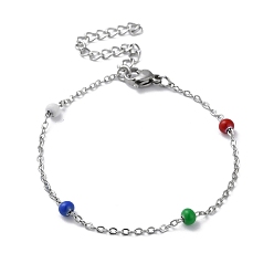 Colorful 304 Stainless Steel Cable Chain Bracelet with Enamel Rondelle Beaded, Satellite Chains Bracelet, Colorful, 6-1/4 inch(16cm)