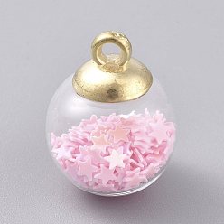 Pink Glass Ball Pendants, with Star Glitter Sequins and Golden Plated CCB Plastic Cup Peg Bails, Round, Pink, 20.5x15mm, Hole: 2.5mm