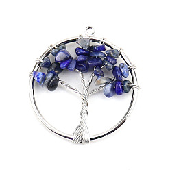 Lapis Lazuli Natural Lapis Lazuli Tree fo Life Pendants, Iron Ring Chip Gems Tree Charms, Platinum, 30mm