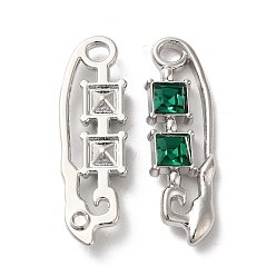 Green Alloy Pendant, with Glass, Platinum, Lead Free & Cadmium Free, Safety Pin Charm, Green, 35x10.5x4mm, Hole: 3mm