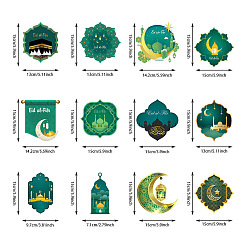 Green Paper Hanging Ornaments, Ramadan Mubarak Feast Pendant Decorations, with Spiral Silk Ribbon, Green, Pendants: 150x71~150mm, 12pcs/set
