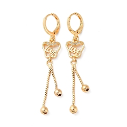 Light Gold Rhinestone Butterfly with Love Leverback Earrings, Brass Chains Tassel Earrings for Women, Light Gold, 56x10mm