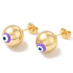 Medium Purple Enamel Evil Eye Stud Earrings, Real 18K Gold Plated Brass Ball Post Earrings for Women, Medium Purple, 12mm, Pin: 0.7mm