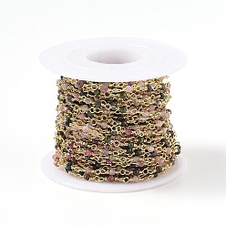 Турмалин Натуральные разноцветные турмалиновые цепочки ручной работы из бусин, с латунной фурнитурой , золотые, несварные, круглые, граненые, с катушкой, 12x1~1.25 мм, бусина : 2~2.5 mm, около 32.8 футов (10 м) / рулон