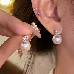 Platinum Flat Round Alloy Rhinestone Stud Earrings, Plastic Beads Earrings with 925 Sterling Silver Pins, Platinum, 50x50mm