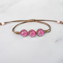 Deep Pink Triple Round Glass Braided Bead Bracelet, Pressed Flower Adjustable Bracelet for Women, Deep Pink, Beads: 12mm