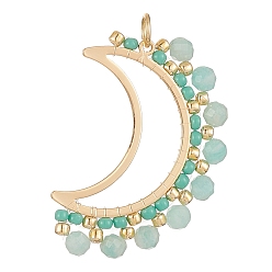 Amazonite Natural Amazonite Faceted Round Pendants, Brass Open Back Bezel Moon Charms with Glass Seed Beads, Golden, 32x23x3.5mm, Hole: 3.4mm