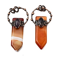 Полосатый Агат Большие подвески в форме меча из окрашенного натурального шоколадного полосатого агата и аметиста, с медными кольцами, Красная медь, 66~73x30~31x11.5~12 мм, отверстие : 6 мм