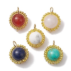 Golden Mixed Gemstone Pendants, Round Charms with Glass Seed Bead Wrapped, Golden, 18.5x14.5x10mm, Hole: 2.8mm