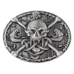 Antique Silver Zinc Alloy Buckles, Gothic Style Belt Fastener, for Men's Belt, Oval with Skull & Snake & Rose, Antique Silver, 61x79mm