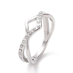 Stainless Steel Color Crystal Rhinestone Wave Finger Ring, 304 Stainless Steel Jewelry for Women, Stainless Steel Color, US Size 6~9(17.1~18.9mm)