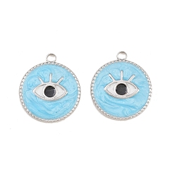 Нержавеющая Сталь Цвет 304 нержавеющей стальной эмали подвески, плоский круглый с подвесками для глаз, ионное покрытие (ip), цвет нержавеющей стали, 21.5x19x1.8 мм, отверстие : 2 мм