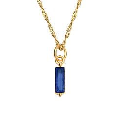 Blue Birthstone Style Cubic Zirconia Rectangle Pendant Necklaces, Golden Titanium Steel Necklace, Blue, 17.72 inch(45cm)