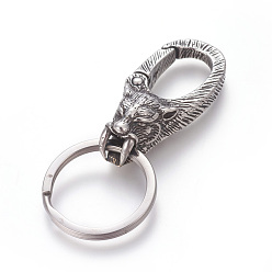 Antique Silver 304 Stainless Steel Split Key Rings, Keychain Clasp Findings, Lion, Antique Silver, 68.5mm, Ring: 28x2.5mm, 22mm Inner Diameter
