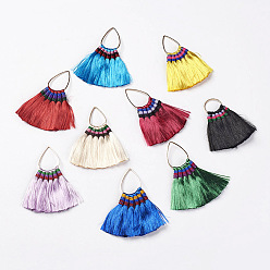 Mixed Color Polyester Tassel Big Pendants, with Brass Findings, Light Gold, Mixed Color, 59.5x60x4.5mm, Hole: 15.5x22.5mm