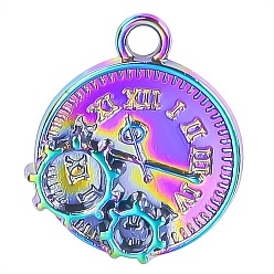 Rainbow Color Alloy Pendant, Flat Round with Clock, Rainbow Color, 16x14mm, Hole: 1.5mm