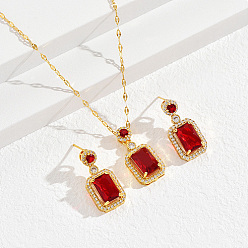Red Brass Micro Pave Cubic Zirconia Jewelry Sets for Women, Dangle Stud Earring & Pendant Necklaces, Rectangle, Real 18K Gold Plated, Red, 15-3/4 inch(40cm) & 30x15mm