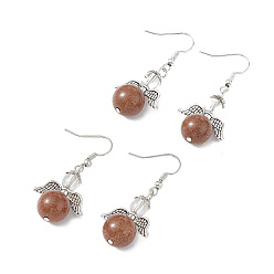 Goldstone Synthetic Goldstone Round Beaded Fairy Dangle Earrings, Platinum Brass Jewelry for Women, Cadmium Free & Lead Free, 45mm, Pin: 0.7mm