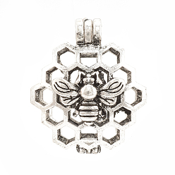 Antique Silver Alloy Locket Pendants, Diffuser Locket, Hollow, Honeycomb with Bee, Antique Silver, 26x22x13mm, Hole: 4x3mm, Inner Measure: 18mm