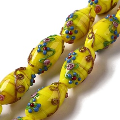 Yellow Handmade Lampwork Beads, Rice wit Flower, Yellow, 23x12~13mm, Hole: 1.6mm