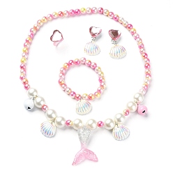 Pink Plastic & Resin Bead Jewelry Set for Kids, including Shell & Mermaid Tail Pendant Necklaces & Charm Bracelets, Heart Finger Rings & Clip-on Earring, Pink, Necklace: 18-1/2 inch(47cm), Earring: 38x20mm, Inner Diameter: Bracelet: 1-5/8 inch(4.2cm), Ring: 15mm