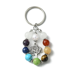 Tree of Life 7 Chakra Gemstone Bead Pendant Keychain with Tibetan Style Alloy Charm, for Car Key Bag Ornament, Tree of Life, 7.7cm