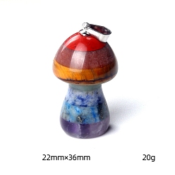 Mushroom Chakra Rainbow Natural Mixed Gemstone Pendants, with Alloy Findings, Mushroom, 36x22mm