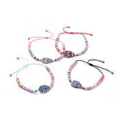 Mixed Color Adjustable Nylon Thread Braided Bead Bracelets, with Sugar Skull Alloy Enamel Links, Glass Beads, Polymer Clay Heishi Beads and Brass Rhinestone Beads, Mixed Color, Inner Diameter: 1-5/8 inch~3-3/8 inch(4~8.5cm)