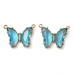Sky Blue Brass Pave Faceted Glass Connector Charms, Golden Tone Butterfly Links, Sky Blue, 17.5x23x5mm, Hole: 0.9mm