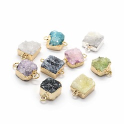 Mixed Color Natural Druzy Quartz Links connectors, with Brass Findings, Square, Mixed Color, 14~18x9~10x6~8mm, Hole: 2mm
