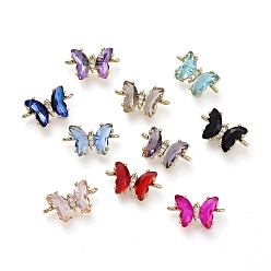 Mixed Color Glass Links Connectors, with Brass Micro Pave Cubic Zirconia, Faceted, Butterfly, Light Gold, Mixed Color, 8x14x5mm, Hole: 1.2mm
