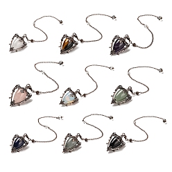 Mixed Stone Mixed Gemstone Triangle Dowsing Pendulum Pendants, with Quartz Crystal Round Beads, Rack Plating Alloy Findings & Chains, Cadmium Free & Lead Free, 290mm