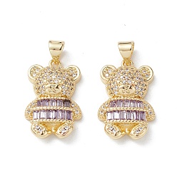 Lilac Brass Micro Pave Cubic Zirconia Pendants, Real 16K Gold Plated, Bear Charms, Lilac, 22x14x5mm, Hole: 5x3.5mm