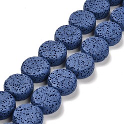 Royal Blue Natural Lava Rock Beads Strands, Flat Round, Dyed, Royal Blue, 14~14.5x6mm, Hole: 1.6mm, about 28pcs/strand, 15.75 inch(40cm)